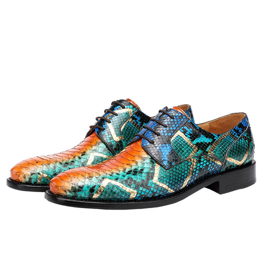 Multicolored snakeskin-patterned shoes on a white background